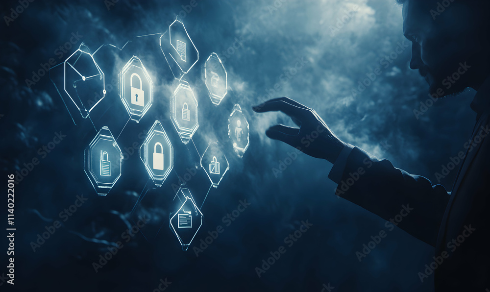 Poster silhouette of a person interacting with a futuristic digital interface showcasing cybersecurity conc