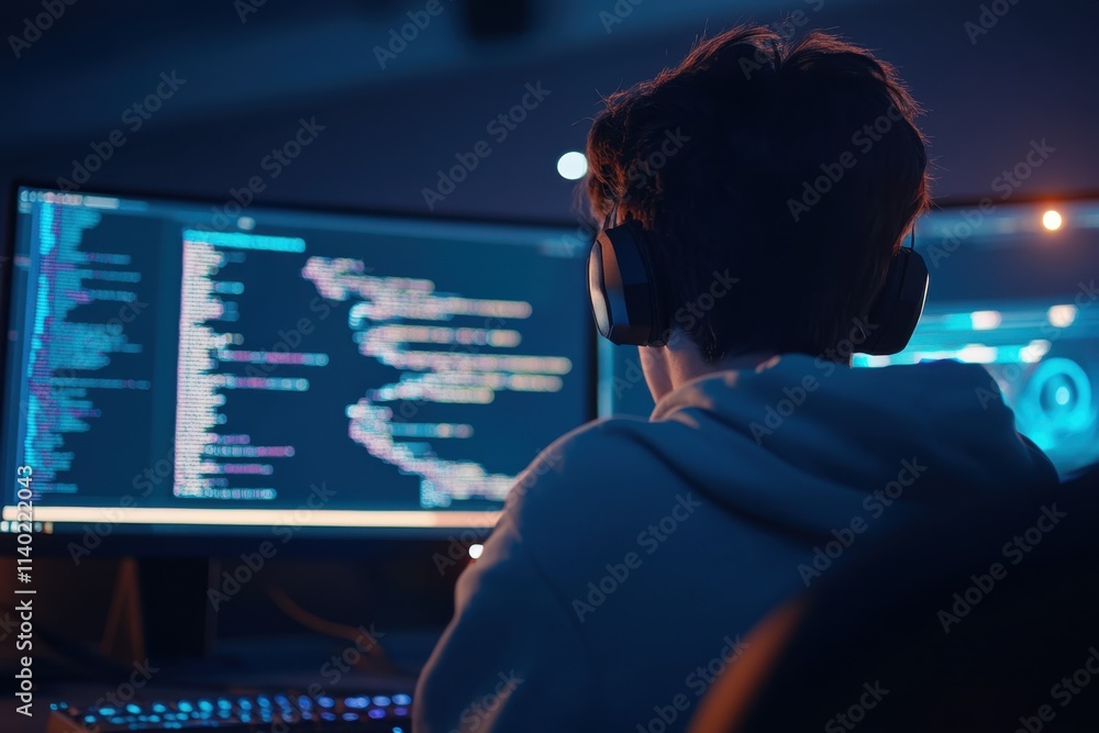 Aufkleber engaging in coding while wearing headphones in a dimly lit workspace