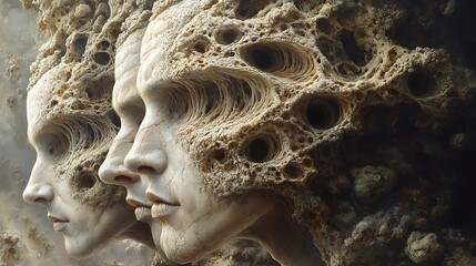 Stone Faces Emerging From Ancient Rock Formations