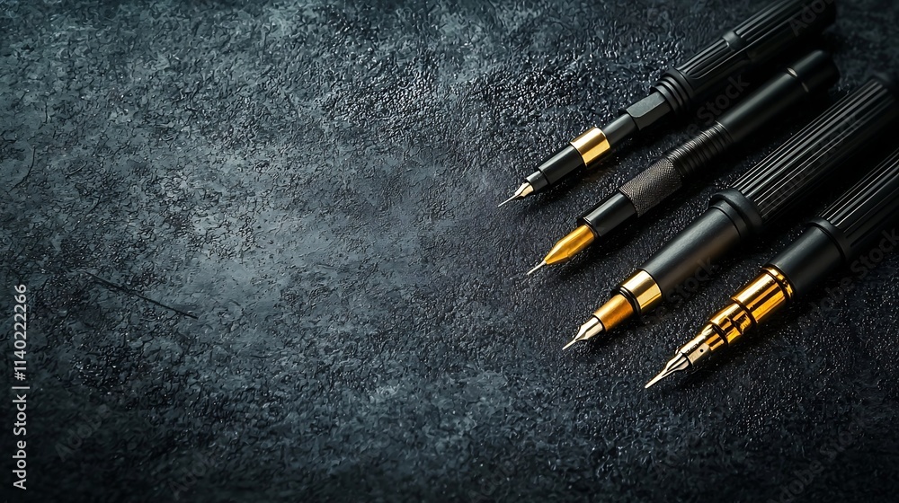 Poster a minimalist studio shot showcasing a set of precision screwdrivers with sleek stylish handles neatl