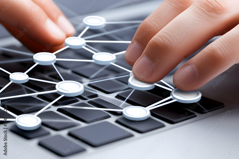 Poster close-up of hands interacting with a digital network displayed over a laptop keyboard, symbolizing c