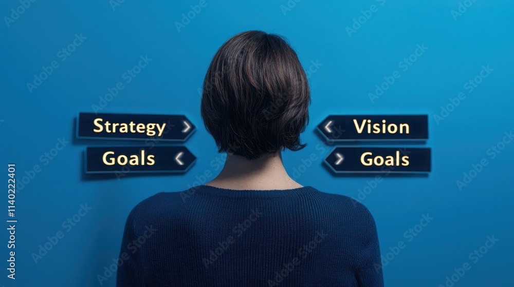 Poster 2025 goals setting with vision and strategy. person facing choices between strategy and vision on a 