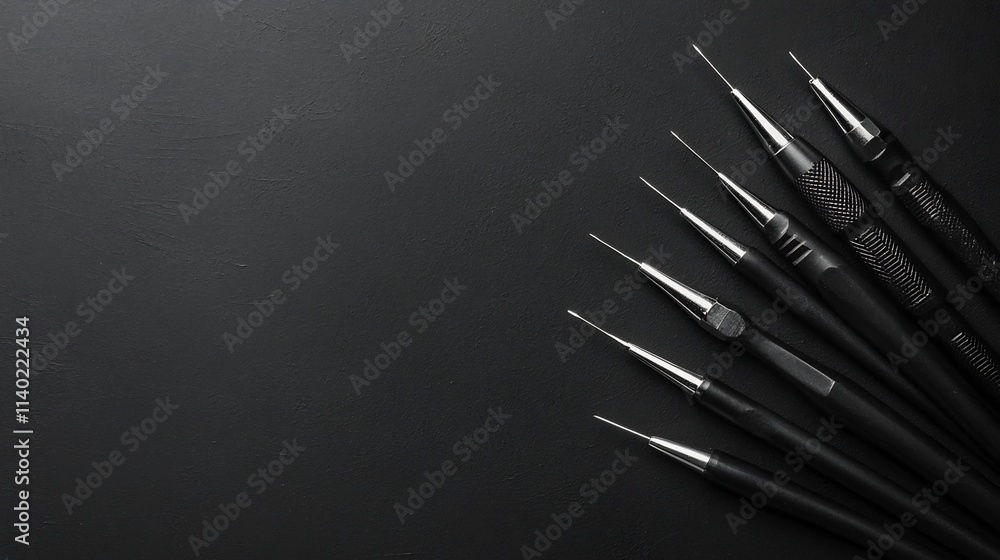 Poster a minimal and organized display of a set of precision screwdrivers with handles showcasing their pro