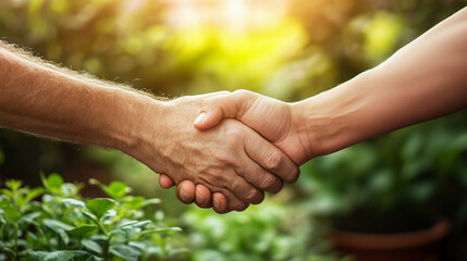 Close-up of two hands firmly shaking as a symbol of trust, partnership, and mutual agreement in a peaceful outdoor setting with a natural green background