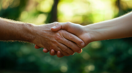 Close-up of two hands firmly shaking as a symbol of trust, partnership, and mutual agreement in a peaceful outdoor setting with a natural green background