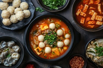 Korean dish sliced rice cake soup tteok and dumpling soup