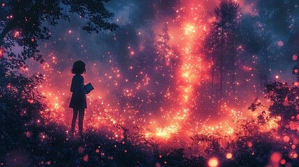 Fototapeta premium Student Holding a Book at the Edge of a Glowing Enchanted Forest Symbolizing Education Leading to