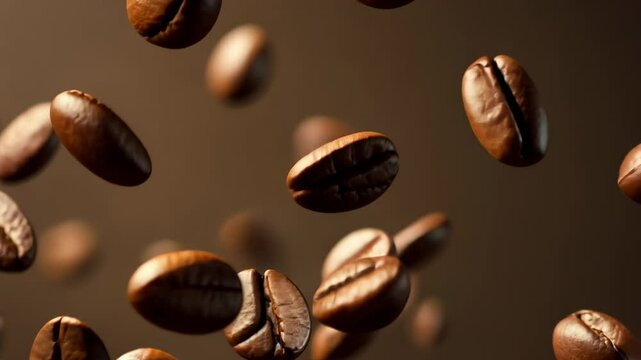 Freshly roasted coffee beans floating in mid-air creating an enchanting visual display