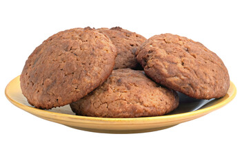 Fototapeta premium Chocolate Chip Cookies on Yellow Plate isolated with transparent background