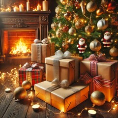 Xmas background mockup with copyspace. Boxes of gifs under cristmas fir tree on wooden floor near fireplace. Ornaments, garland and golden ball with beautiful orange backlight