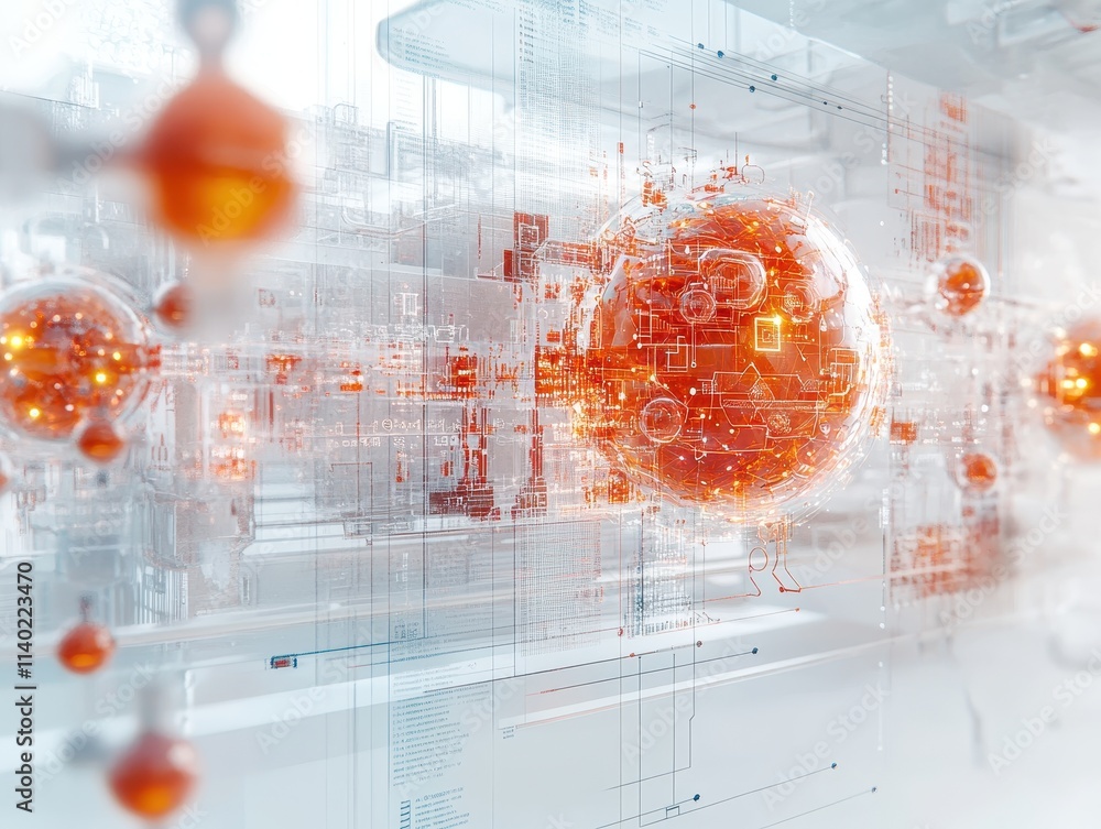 Poster abstract representation of digital technology with glowing orbs and circuitry.