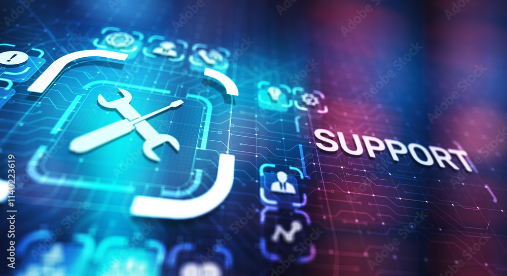 Poster Support button on virtual screen. Customer service and communication concept.