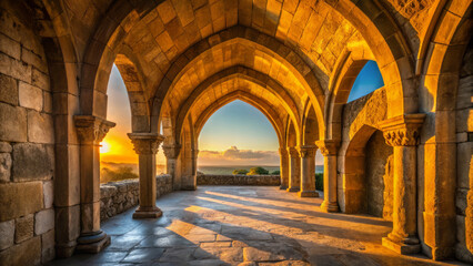 Fototapeta premium Ancient stone architecture bathed in golden hour light, creating serene atmosphere. arches and shadows enhance beauty of this historical site