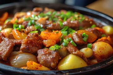 Korean dishes budae jjigae galbitang clay pot bulgogi pork belly grilled items sides kimchi cucumbers potatoes veggies