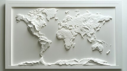 A 3D Textured World Map in Monochromatic White Relief