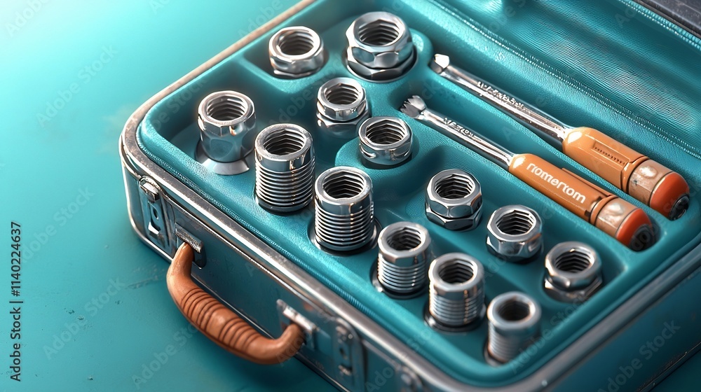 Poster a flat image of a chrome plated socket wrench set with sockets arranged neatly in a case showcasing 
