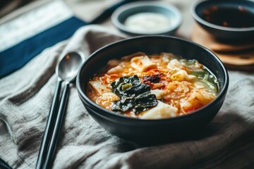 Korean dishes Tteokguk rice cake soup and Mulkimchi water kimchi served with utensils on fabric South Korea