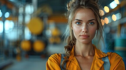 Fototapeta premium Portrait of a beautiful young woman with long blond hair in a yellow T-shirt in a warehouse.
