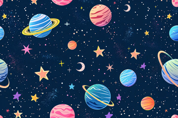 Colorful space scene with planets and stars. The planets are of different sizes and colors, and the stars are scattered throughout the image. Scene is one of wonder and awe