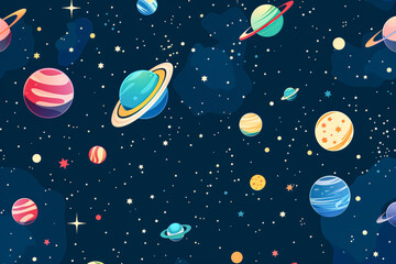 Colorful space scene with planets and stars. The planets are of different sizes and colors, and the stars are scattered throughout the image. Scene is one of wonder and awe