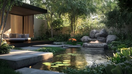 Naklejka premium nature's balance, peaceful outdoor living, embracing natural serenity, harmonious landscapes