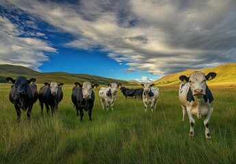 Herd of Cattle Grazing in Scenic Pasture Under Dramatic Sky with Clouds and Rolling Green Hills in the Background Capturing Rural Beauty and Tranquility