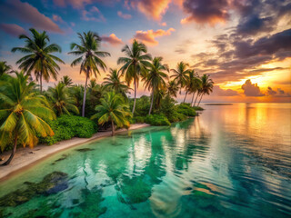 serene tropical beach at sunset, featuring palm trees and calm turquoise waters reflecting colorful sky. tranquil scene evokes sense of peace and relaxation