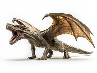 Full-body side view of a dragon with an open mouth, sharp teeth with wings, isolated on a white background