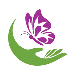 Butterfly in Hand Vector Logo Design.