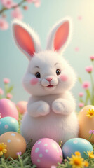 Fluffy white bunny smiling among pastel Easter eggs, green grass, and bright flowers. Springtime celebration concept