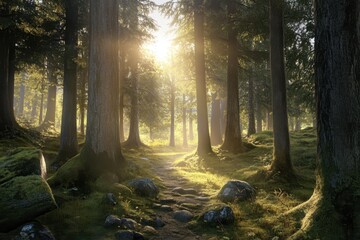 Obraz premium Peaceful forest path illuminated by sunlight during a tranquil morning hike