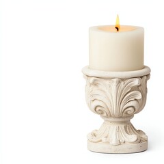 Fototapeta premium A decorative white candle is placed on an ornate holder, emitting a warm glow, perfect for enhancing ambiance in any setting.