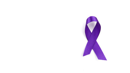 Purple ribbon as symbol of World Cancer Day on white background