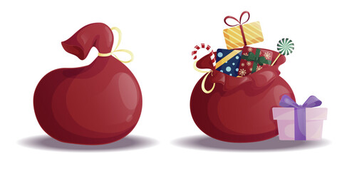 An open and closed red bag with gifts and sweets. The Santa Claus bag. Greeting card, holiday poster, party invitations. New Year. Vector illustration