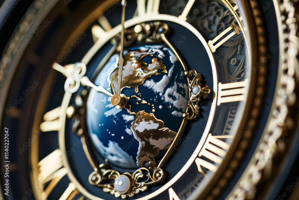 Poster clock with roman numerals showing the time as 10:30. the clock face is decorated with a globe and th