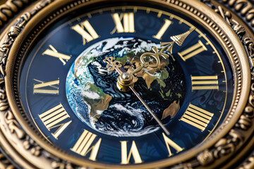 Clock with roman numerals showing the time as 10:30. The clock face is decorated with a globe and the hands are pointing to the numbers 10 and 11