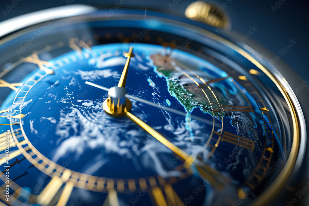 Poster clock with roman numerals showing the time as 10:30. the clock face is decorated with a globe and th