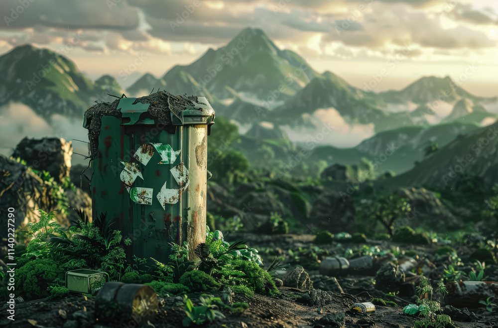 Poster trash can with a recycling symbol on it is in the middle of a desert. concept of environmental aware