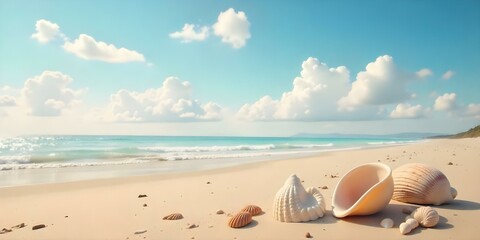 A sandy beach with seashells and a calm, blue ocean in the background under a cloudy sky