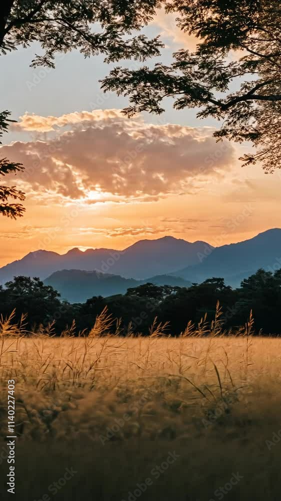 Poster Sunset over mountains with golden grass in foreground creating a scenic landscape in tranquil nature setting