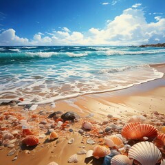 Sunny watercolor beach scene with waves lapping at a seashell-covered shore