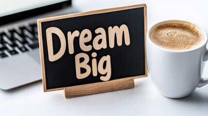 Inspirational motivational sign with the phrase Dream Big next to a coffee cup and laptop