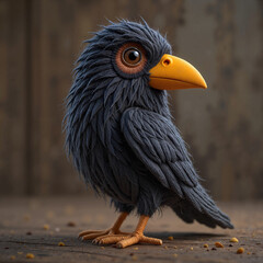 Fototapeta premium Playful gray bird with a bright orange beak standing on a textured wooden surface in a cozy environment with copy space