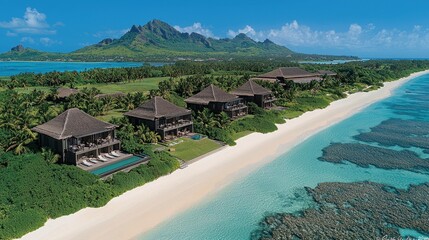 Serene Tropical Beachfront Resort with Crystal Clear Waters and Majestic Mountain Views