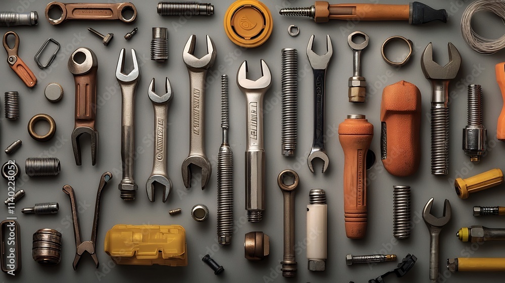 Poster symmetrically arranged spark plug wrenches and spark plugs in a minimal overhead flat lay compositio