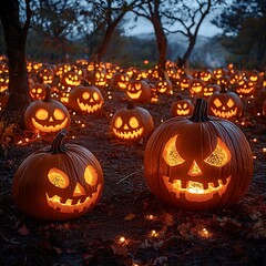 Spooky pumpkin patch with carved pumpkins glowing in the dark 