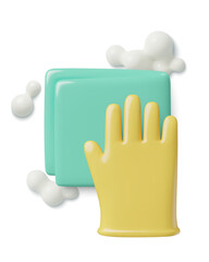 Cleanup 3d vector icon with a hand in a yellow glove and a napkin with soap. Window washing or sanitizing surface concept minimal illustration isolated on white background.