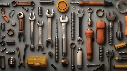 Symmetrically arranged spark plug wrenches and spark plugs in a minimal overhead flat lay composition  The tools are precisely organized in a clean industrial style product shot