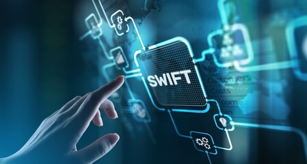 SWIFT Society for Worldwide Interbank Financial Telecommunication, projection on a virtual screen,...