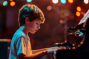 Cute kid musician on stage ready for performance on stage generative ai image